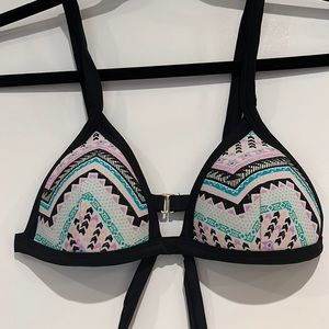 Multi-colored bathing suit top; ties around the waist